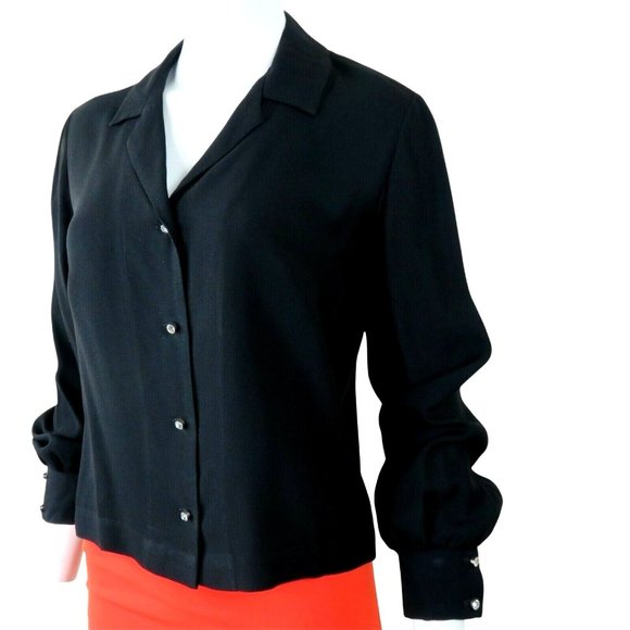 Vintage 70s Koret of California Black Button Up Blouse M Crystal Buttons Retro - Picture 11 of 12
